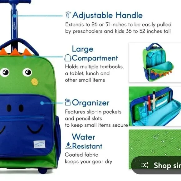 TWISE Twise Side-kick Rolling Backpack, Dino - Picture 3 of 14